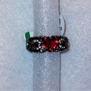Heart Love Red Crystal Black Gold Filled Angel Wing Ring - Size 8